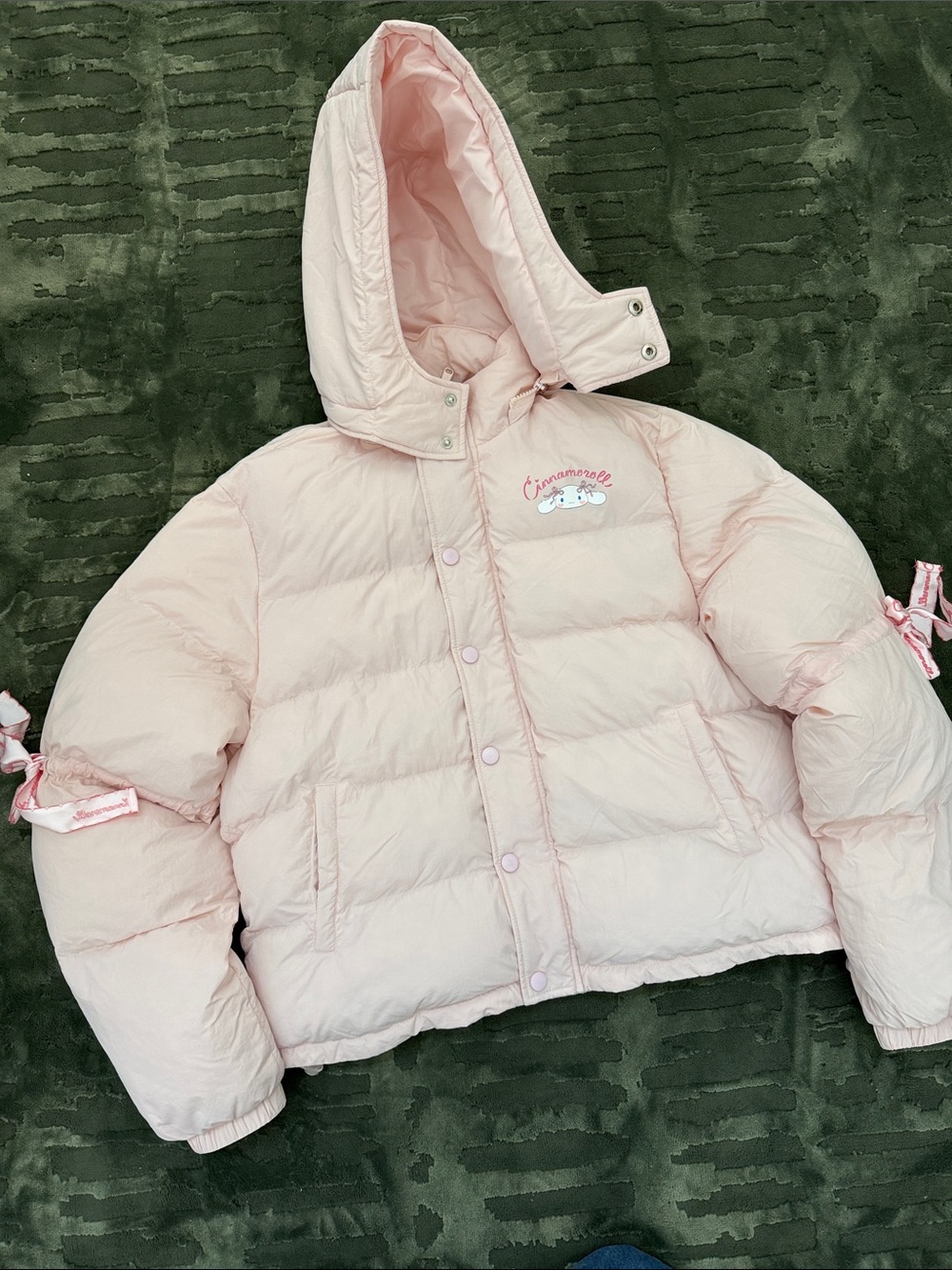 Light Pink Hooded Puffer Jacket with Cinnamoroll Graphic